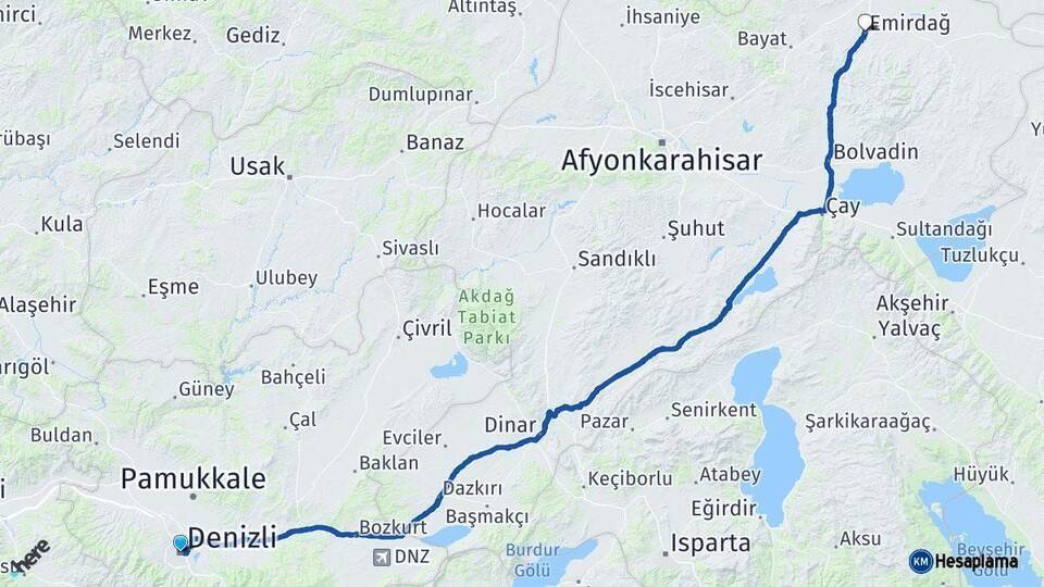 Denizli Emirdağ Afyonkarahisar Arası Kaç Km - Yol Haritası