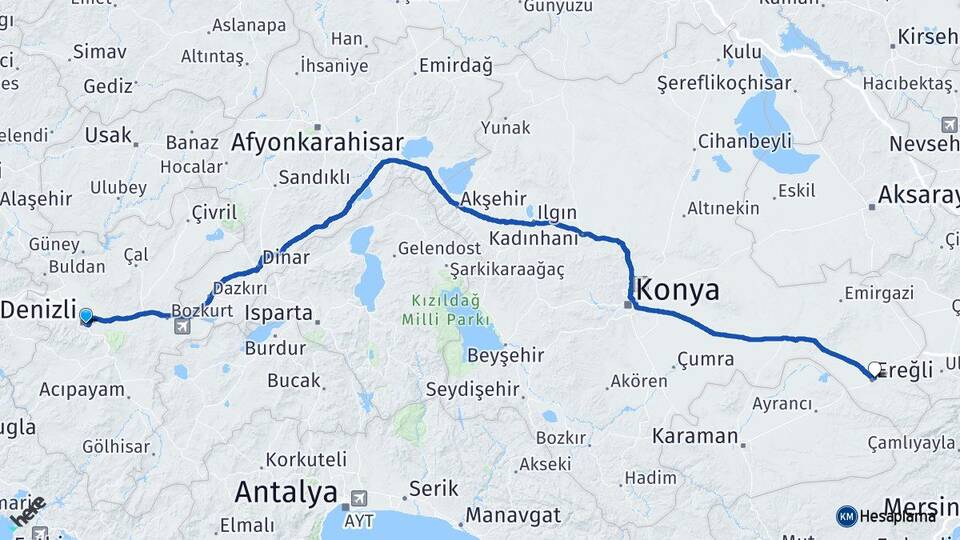 Denizli Ereğli Konya Arası Kaç Km - Yol Haritası