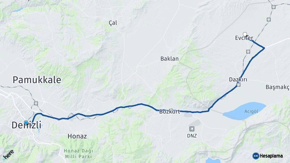 Denizli Evciler Afyonkarahisar Arası Kaç Km - Yol Haritası