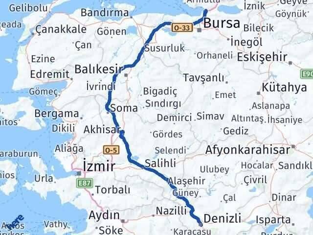 Denizli Gemlik Bursa Arası Kaç Km - Yol Haritası