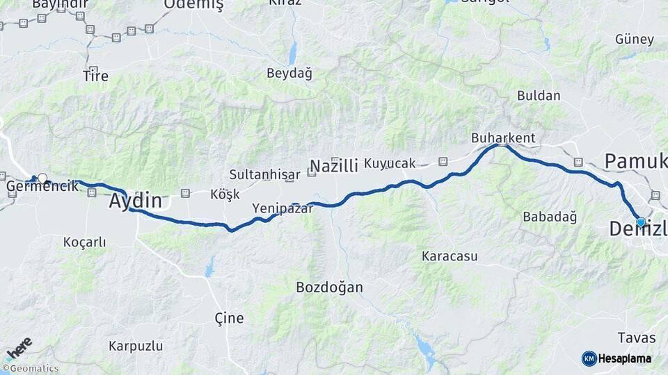 Denizli Germencik Aydın Arası Kaç Km - Yol Haritası