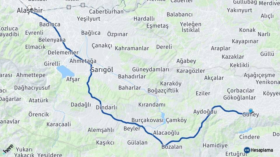 Denizli Güney Alaşehir Manisa Arası Kaç Km - Yol Haritası