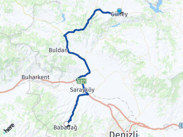 Denizli Güney Babadağ Arası Kaç Km - Yol Haritası