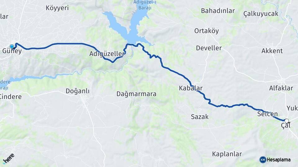 Denizli Güney Çal Arası Kaç Km - Yol Haritası