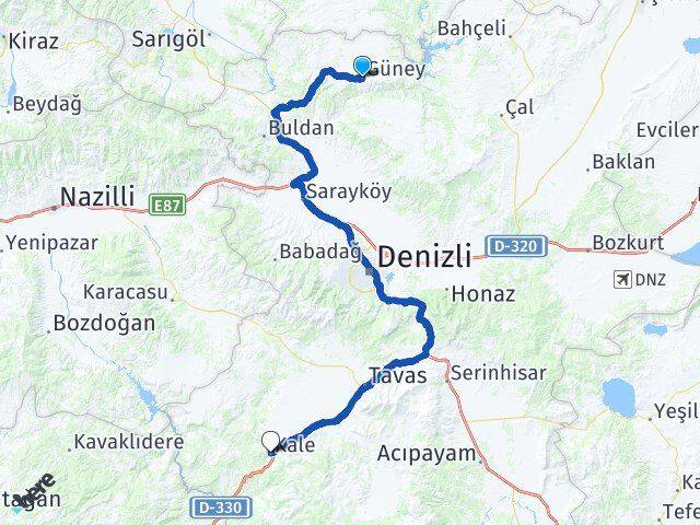 Denizli Güney Kale Arası Kaç Km - Yol Haritası