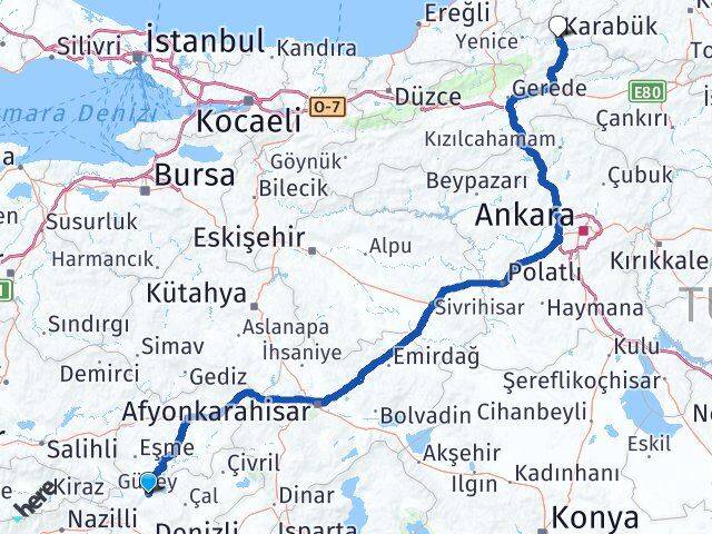 Denizli Güney Karabük Arası Kaç Km - Yol Haritası