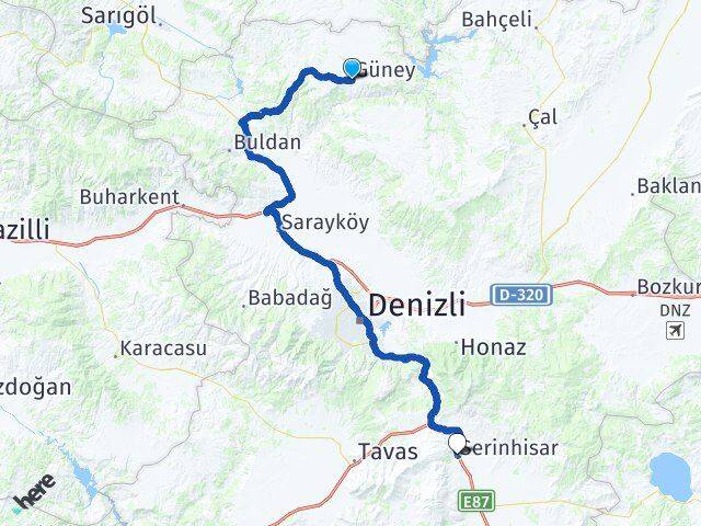 Denizli Güney Serinhisar Arası Kaç Km - Yol Haritası