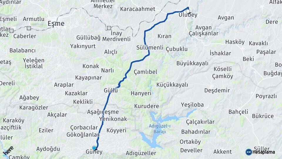 Denizli Güney Ulubey Uşak Arası Kaç Km - Yol Haritası