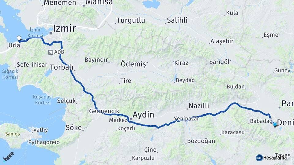 Denizli Güzelbahçe İzmir Arası Kaç Km - Yol Haritası
