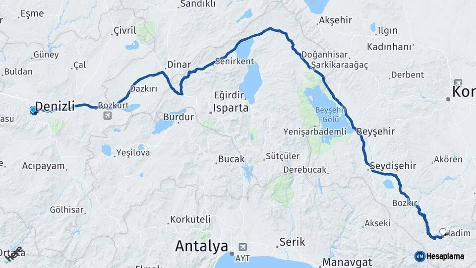 Denizli Hadim Konya Arası Kaç Km - Yol Haritası