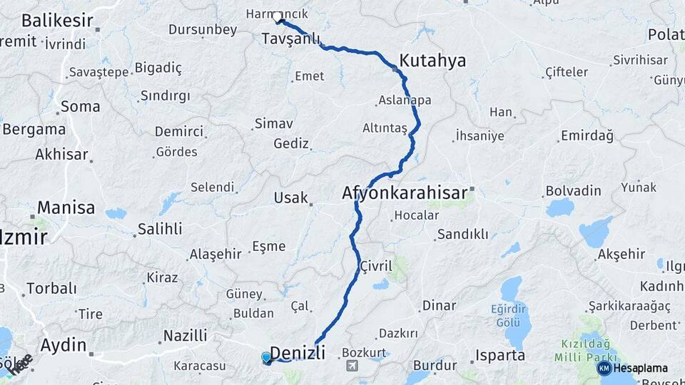 Denizli Harmancık Bursa Arası Kaç Km - Yol Haritası