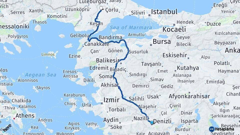Denizli Hayrabolu Tekirdağ Arası Kaç Km - Yol Haritası