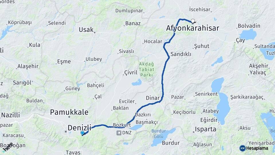 Denizli Honaz Afyonkarahisar Arası Kaç Km - Yol Haritası