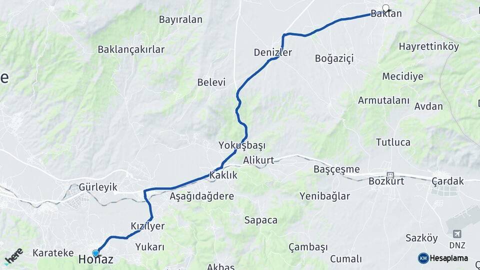 Denizli Honaz Baklan Arası Kaç Km - Yol Haritası