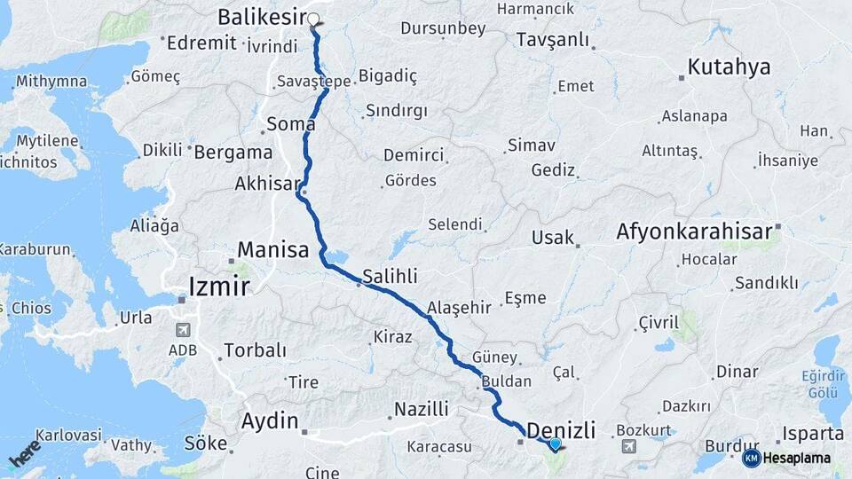 Denizli Honaz Balıkesir Arası Kaç Km - Yol Haritası