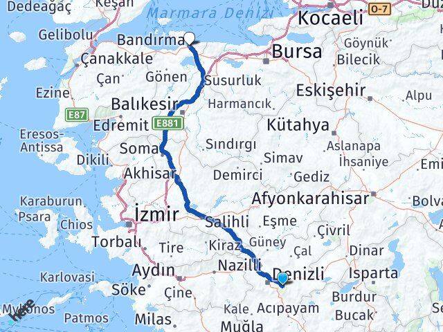 Denizli Honaz Bandırma Balıkesir Arası Kaç Km - Yol Haritası