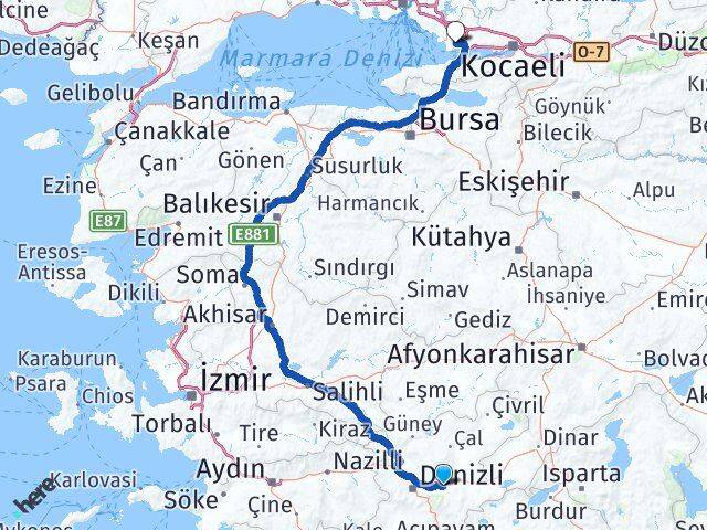 Denizli Honaz Kocabaş Gebze Kocaeli Arası Kaç Km - Yol Haritası