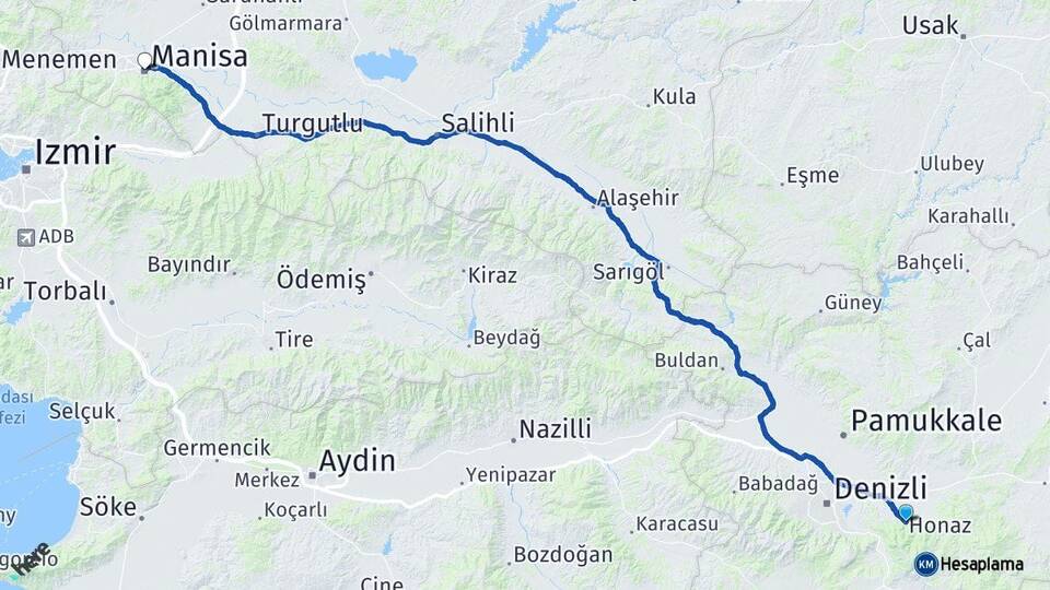 Denizli Honaz Manisa Arası Kaç Km - Yol Haritası