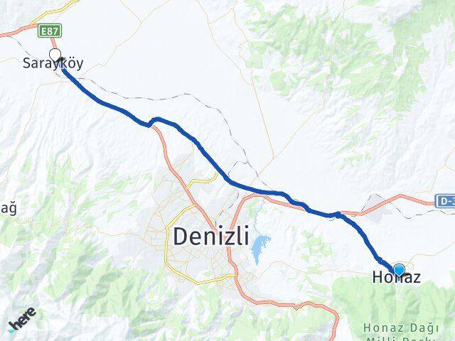 Denizli Honaz Sarayköy Arası Kaç Km - Yol Haritası