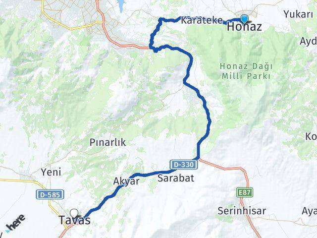 Denizli Honaz Tavas Arası Kaç Km - Yol Haritası