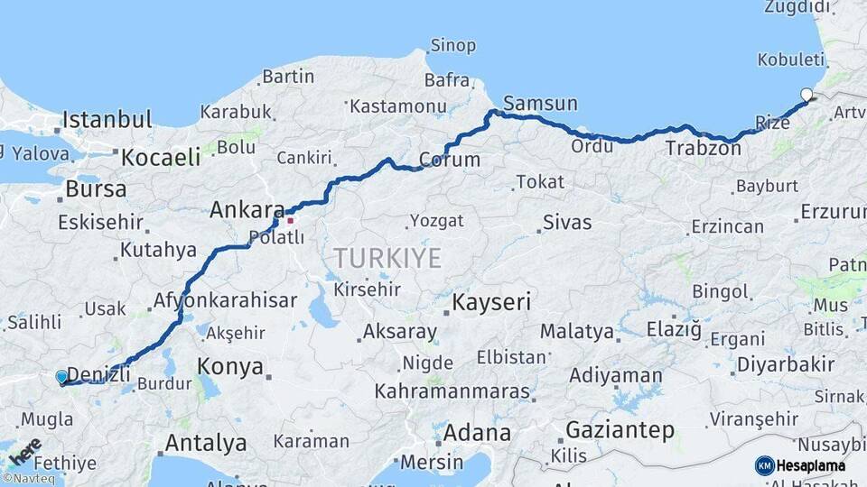 Denizli Hopa Artvin Arası Kaç Km - Yol Haritası