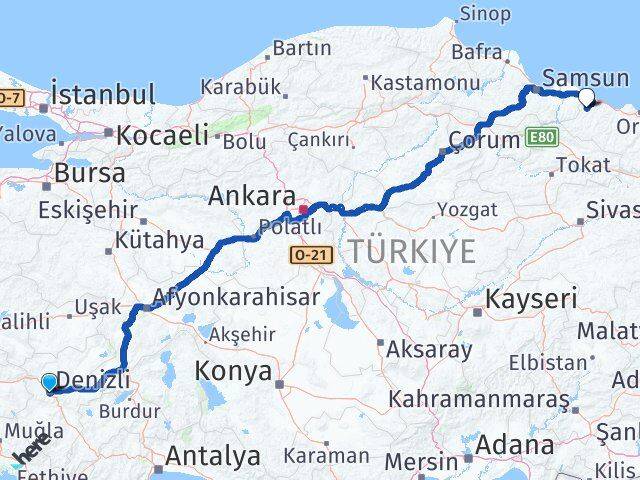 Denizli İkizce Ordu Arası Kaç Km - Yol Haritası