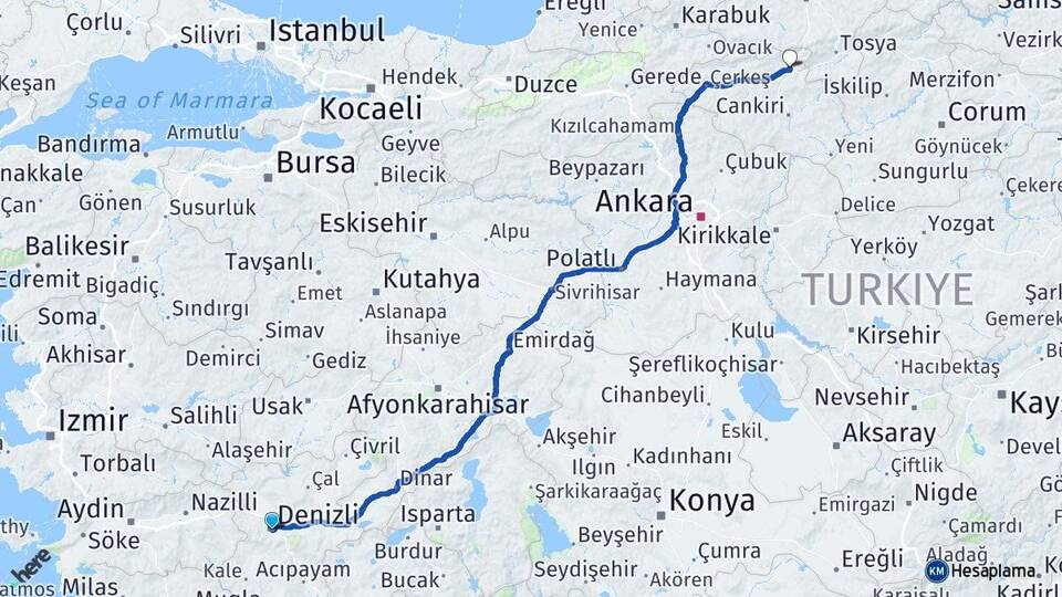 Denizli Ilgaz Çankırı Arası Kaç Km - Yol Haritası