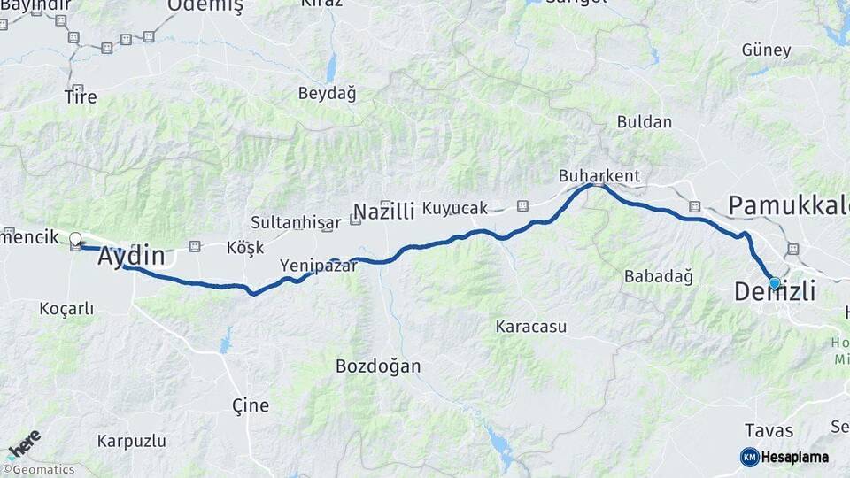 Denizli İncirliova Aydın Arası Kaç Km - Yol Haritası