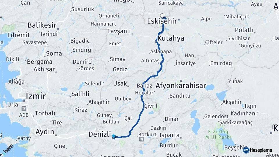 Denizli İnönü Eskişehir Arası Kaç Km - Yol Haritası
