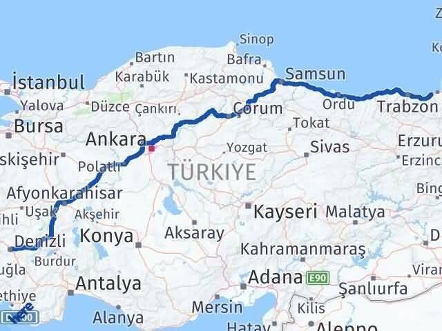 Denizli İyidere Rize Arası Kaç Km - Yol Haritası