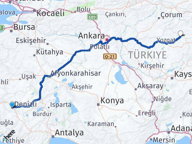 Denizli Kadışehri Yozgat Arası Kaç Km - Yol Haritası