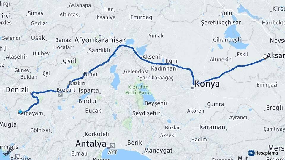 Denizli Kale Aksaray Arası Kaç Km - Yol Haritası