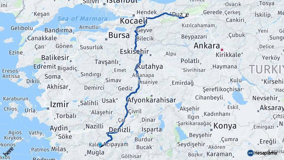 Denizli Kale Bolu Arası Kaç Km - Yol Haritası