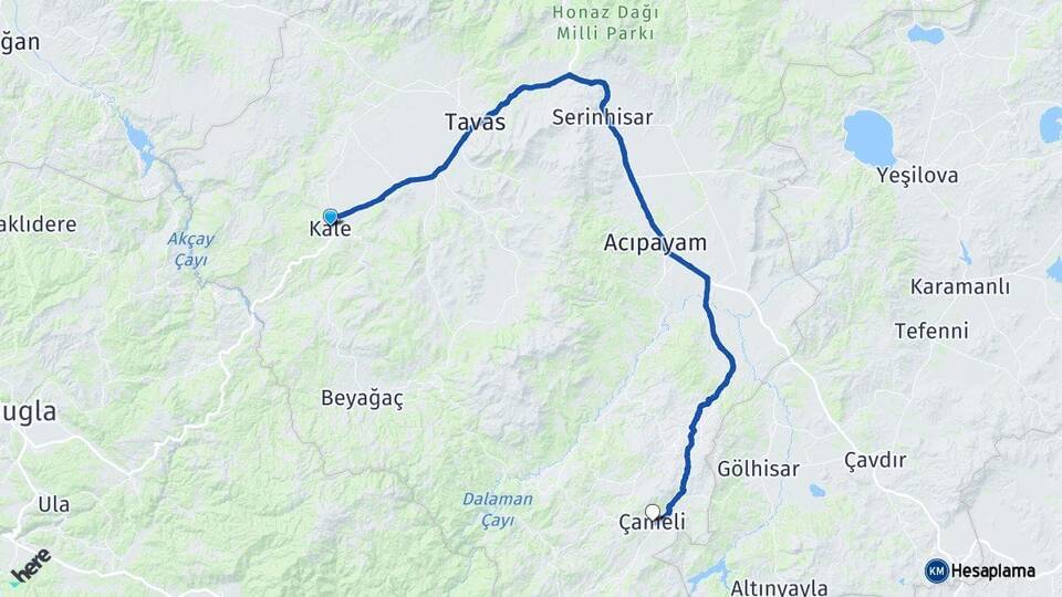 Denizli Kale Çameli Arası Kaç Km - Yol Haritası