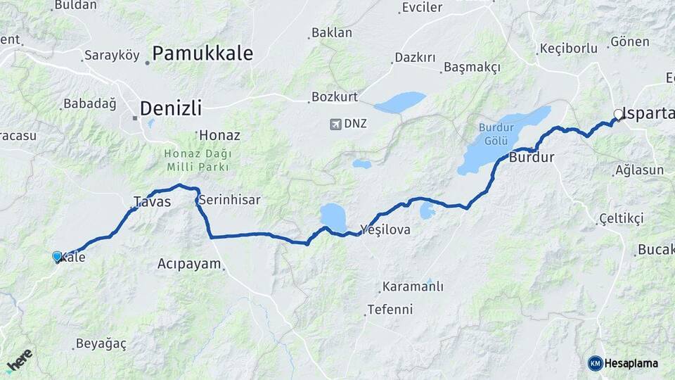 Denizli Kale Isparta Arası Kaç Km - Yol Haritası