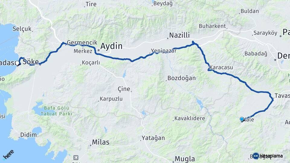 Denizli Kale Kuşadası Aydın Arası Kaç Km - Yol Haritası