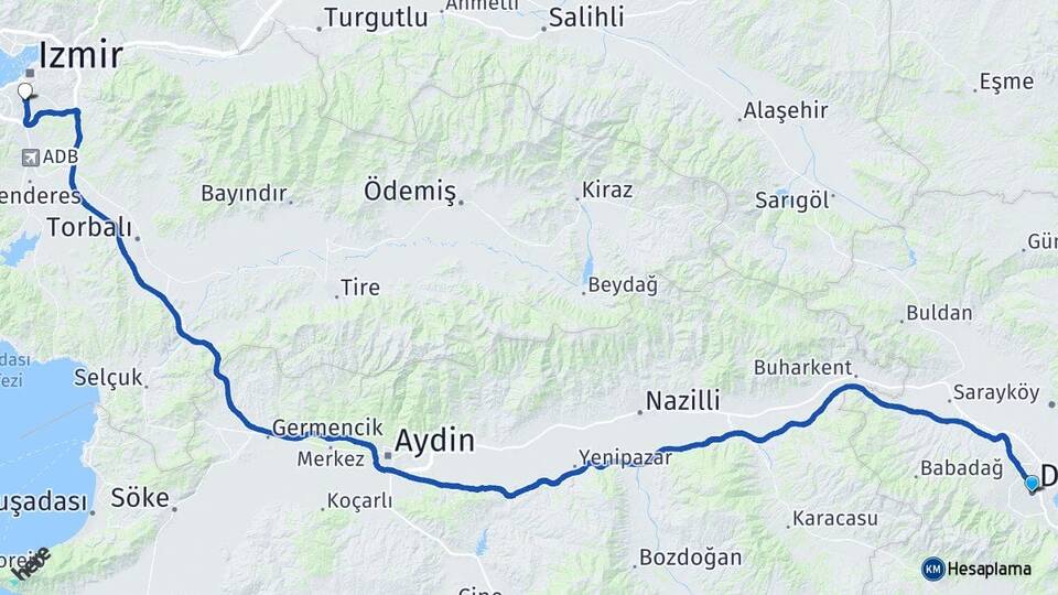 Denizli Karabağlar İzmir Arası Kaç Km - Yol Haritası