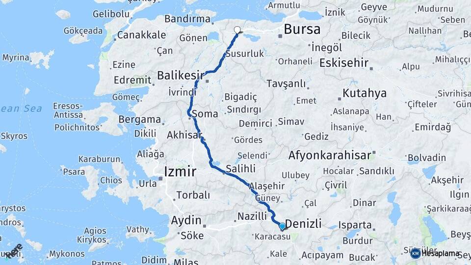 Denizli Karacabey Bursa Arası Kaç Km - Yol Haritası