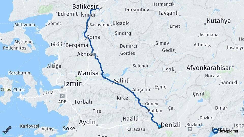 Denizli Karesi Balıkesir Arası Kaç Km - Yol Haritası