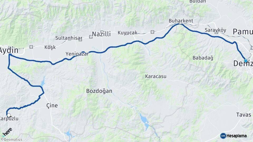 Denizli Karpuzlu Aydın Arası Kaç Km - Yol Haritası