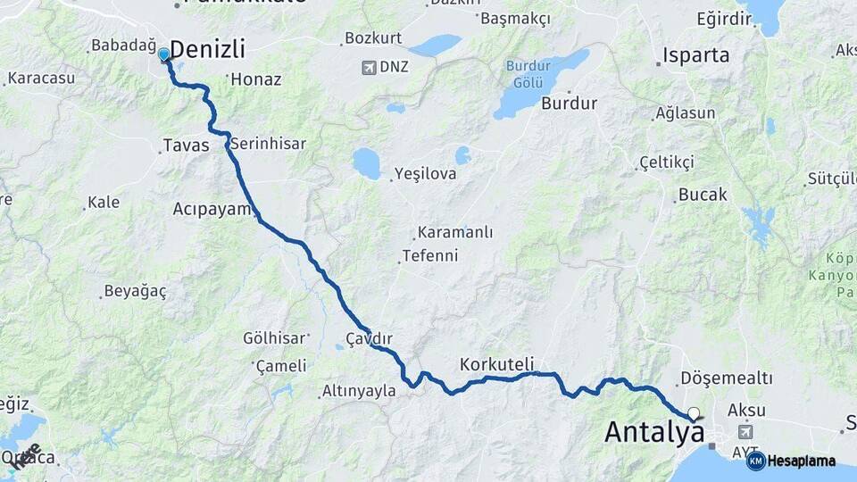 Denizli Kepez Antalya Arası Kaç Km - Yol Haritası