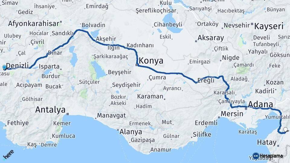 Denizli Kırıkhan Hatay Arası Kaç Km - Yol Haritası