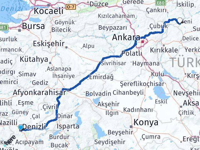 Denizli Kızılırmak Çankırı Arası Kaç Km - Yol Haritası