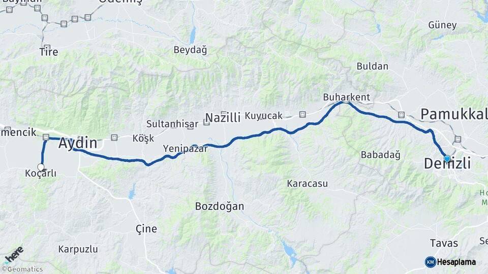 Denizli Koçarlı Aydın Arası Kaç Km - Yol Haritası