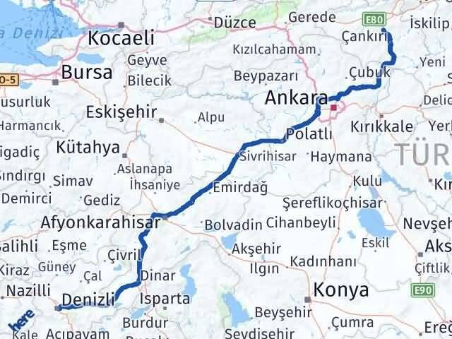 Denizli Korgun Çankırı Arası Kaç Km - Yol Haritası