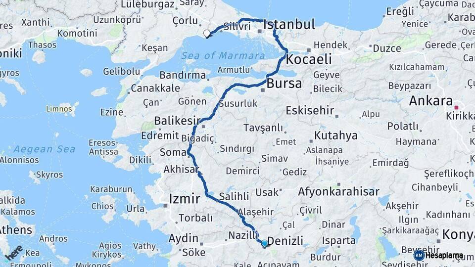 Denizli Marmaraereğlisi Tekirdağ Arası Kaç Km - Yol Haritası