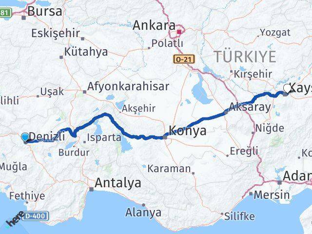 Denizli Melikgazi Kayseri Arası Kaç Km - Yol Haritası