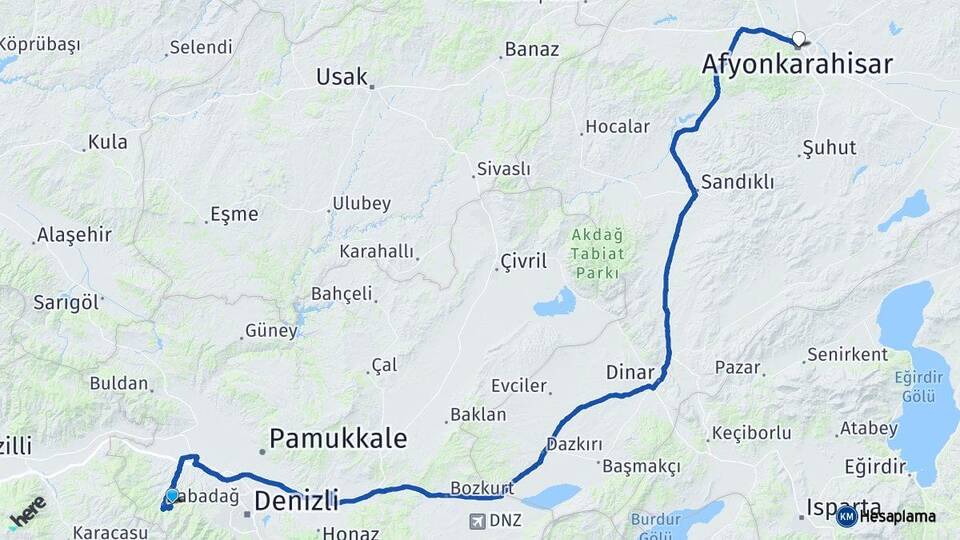 Denizli Merkezefendi Afyonkarahisar Arası Kaç Km - Yol Haritası