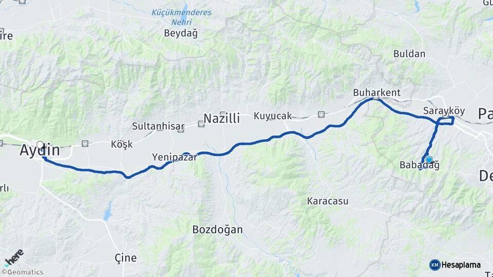 Denizli Merkezefendi Aydın Arası Kaç Km - Yol Haritası