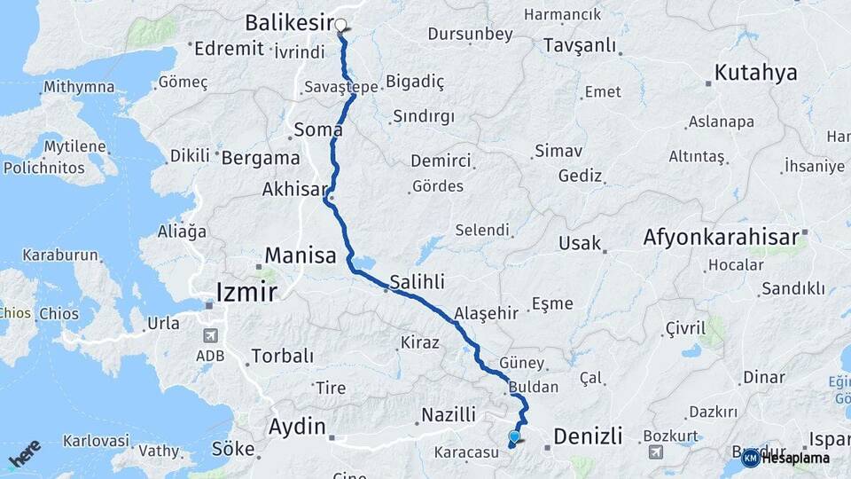 Denizli Merkezefendi Balıkesir Arası Kaç Km - Yol Haritası